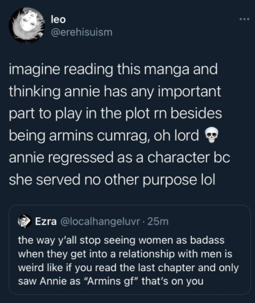 gayminsuga's tweet photo. "annie regressed as a character because she served no other purpose"  where did annie regress in this arc tho? https://t.co/IXFkHCfAAa