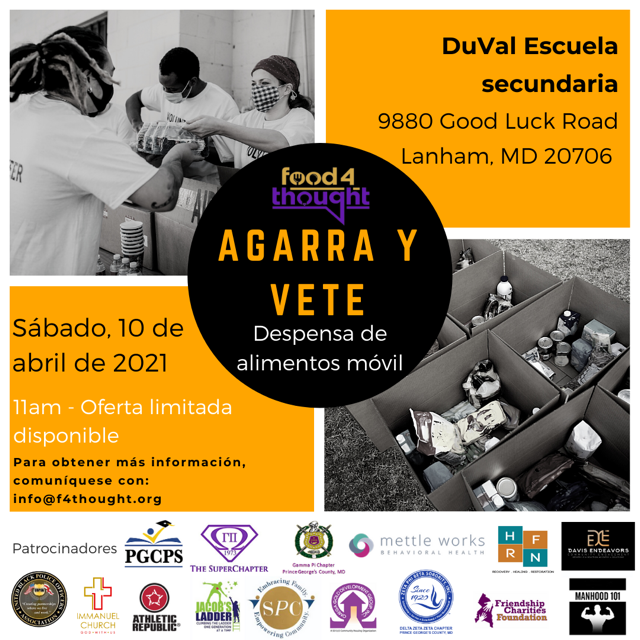 <a href="/pgcps/">PGCPS</a> partner #Food4Thought is hosting a #GrabAndGo to provide relief Saturday, April 10. Join us beginning at 11 a.m. (while supplies last) <a href="/DuValHS20706/">DuVal High School</a> located at 9880 Good Luck Rd, Lanham, MD 20706!