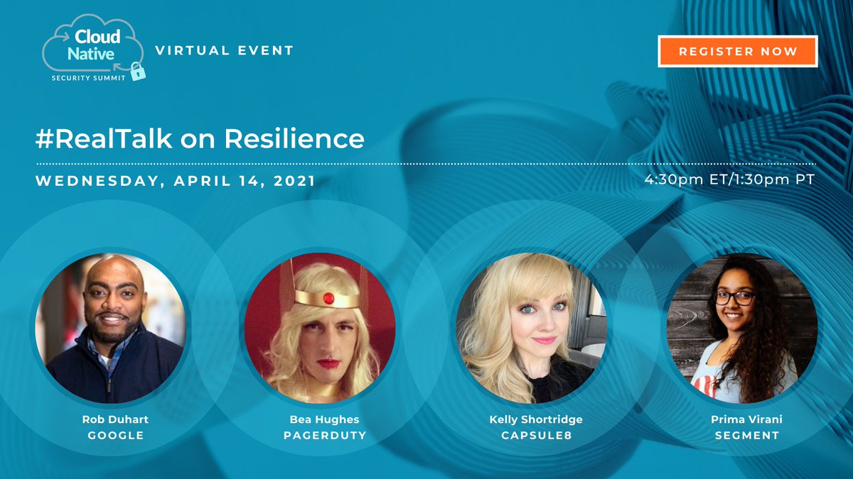 Are you ready for some #RealTalk on #Resilience? Join <a href="/RobDuhart/">Rob Duhart Jr.</a>/<a href="/Google/">Google</a>, <a href="/beajammingh/">Bea Hughes</a>/<a href="/pagerduty/">PagerDuty</a>, <a href="/swagitda_/">Kelly Shortridge</a>/<a href="/capsule8/">Capsule8</a> &amp; <a href="/secnerdette/">𝚂𝚎𝚌𝚞𝚛𝚒𝚝𝚢 𝙽𝚎𝚛𝚍𝚎𝚝𝚝𝚎</a>/<a href="/segment/">Segment</a> on April 14 at the Cloud Native Security Summit to learn the real deal on all things resilience. Register here: hubs.ly/H0KKyz50