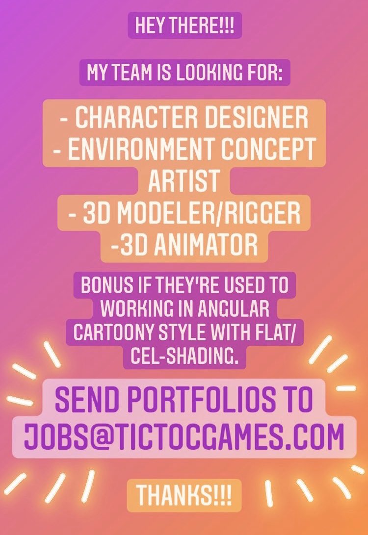 zoeserbin's tweet image. Come join my team! Indie console game looking for:
🕵🏼♀️ character designer
🏘 environment concept artist
⚒ 3D modelers/rigger
🤼♀️ 3D animator
Send portfolios to jobs@tictocgames.com!
#gamedevjob #gamedev #animationjobs