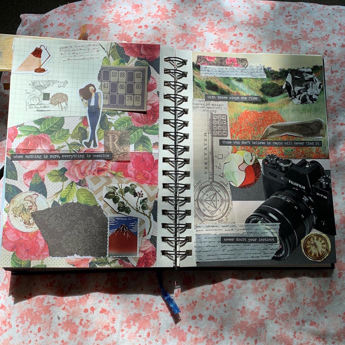 I did a journal spread based on my #campnanowrimo project! 
🌹
Pitch: A private investigator walks the edge of the magic and the mundane to solve a string of grisly disappearances. 
✨
Featuring: a badass lady PI, a queer cast, cult stuff, fae, ACAB, and snarkasm galore. 
🔍