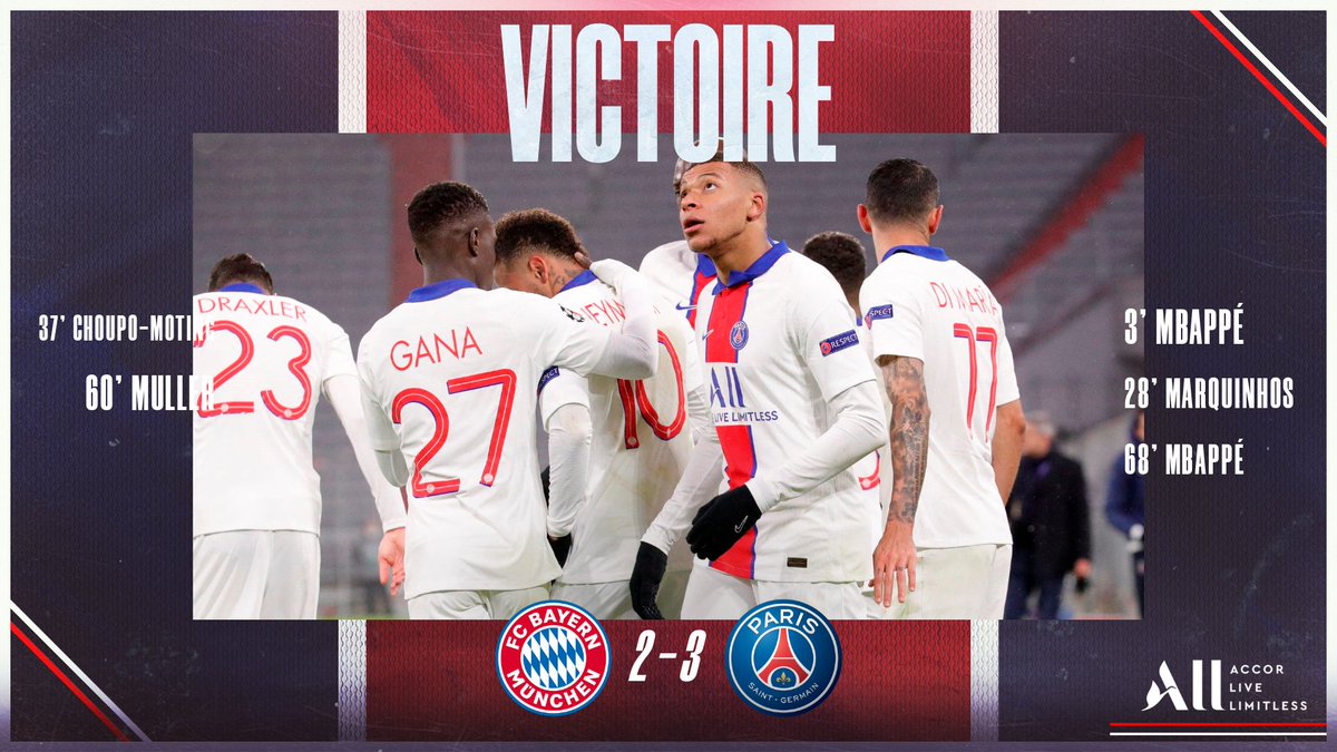 🔚🔥 Victoire importante de nos Parisiens dans cette première manche 🆚 @FCBayern ! @FCBayern 2⃣-3⃣ @PSG_inside ⚽️ @KMbappe 3', 68 ⚽️ @marquinhos_m5 28' #𝗙𝗖𝗕𝗣𝗦𝗚