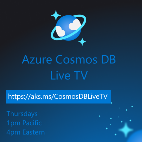 AzureCosmosDB's tweet photo. 📅 Azure Cosmos DB Live TV - Thursdays 

This week @_TimSander is back with @markjbrown to talk about the coolest feature in Azure Cosmos DB, change feed!!!!  

1:00 pm San Diego
22:00 Copenhagen
5:00 Tokyo (Friday)

https://t.co/bg03ilAGFy https://t.co/99PoYXQoIY