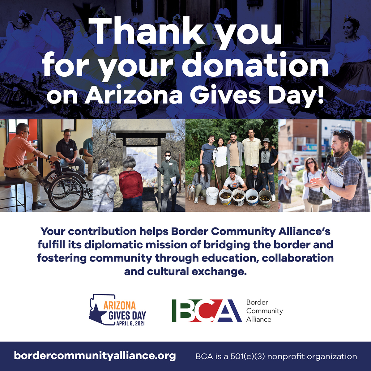 Thank you from all of us at nonprofit Border Community Alliance! bordercommunityalliance.org #AZGives #AZGivesDay2021 #philanthropy #philanthropist #SocialInvestment #NGO #Nonprofit #Borderlands #Border
