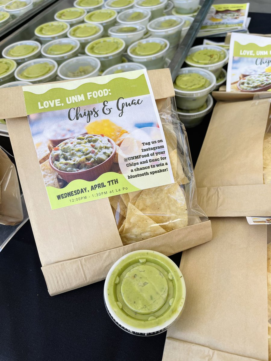 UNMfood's tweet photo. UNM Food was excited to host the “Chips and Guac” event this afternoon for our students! 🤩❤️✨

We gave out free Chips and Guacamole outside our dining hall here at La Posada. 💛🥑 It was a nice and sunny day outside and we loved seeing all of our resident Lobos! 🐺❤️☀️ https://t.co/lPvdBfyd2j