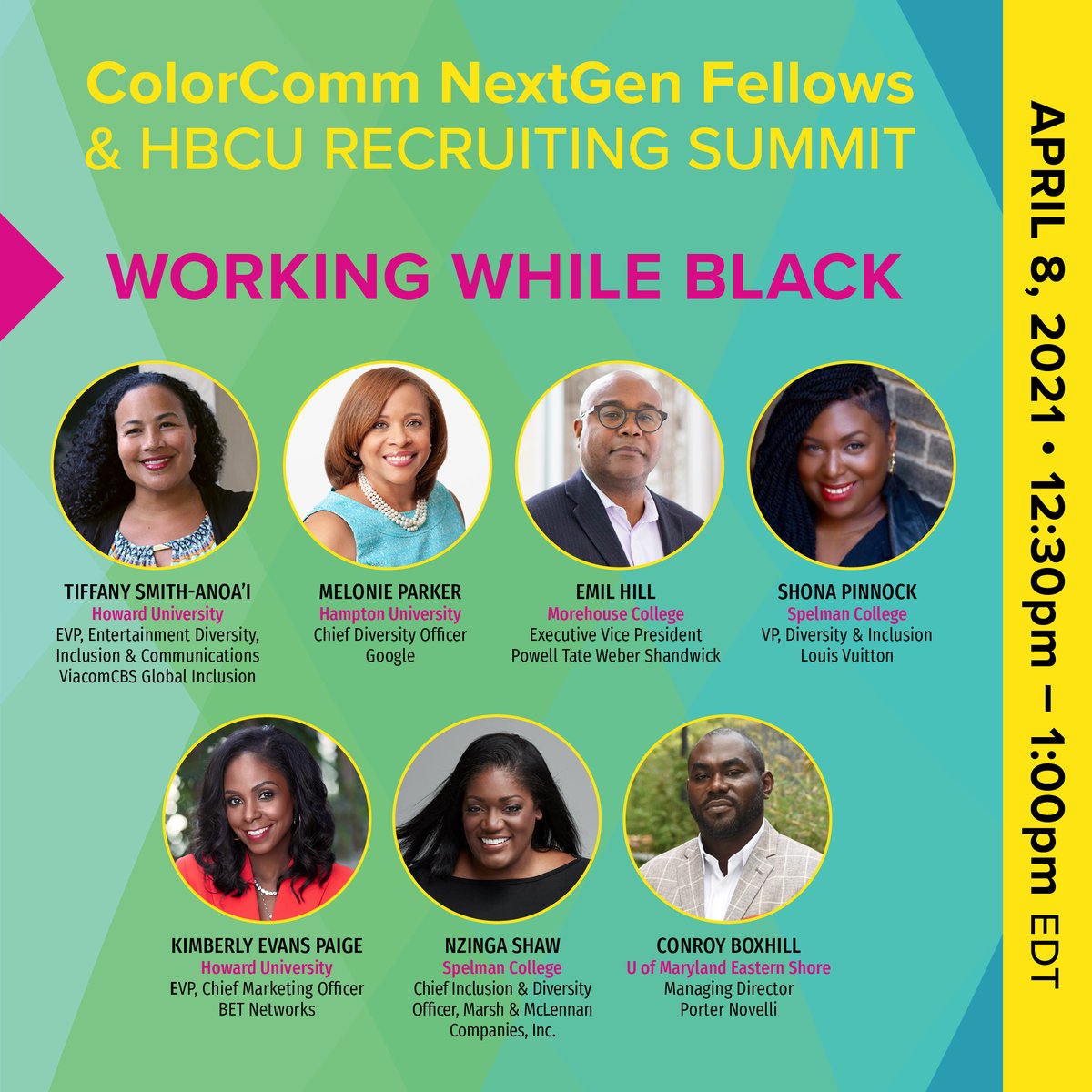 Come join us TOMORROW, as we learn from industry leaders and HBCU Alumni on 'Working While Black'. This conversation is open to #NextGen #HBCU Fellows and the ColorComm Community

colorcommfellowshbcusummit.com/rsvp
#HBCU #HBCUPRIDE #NEXTGEN #DEI #ColorComm