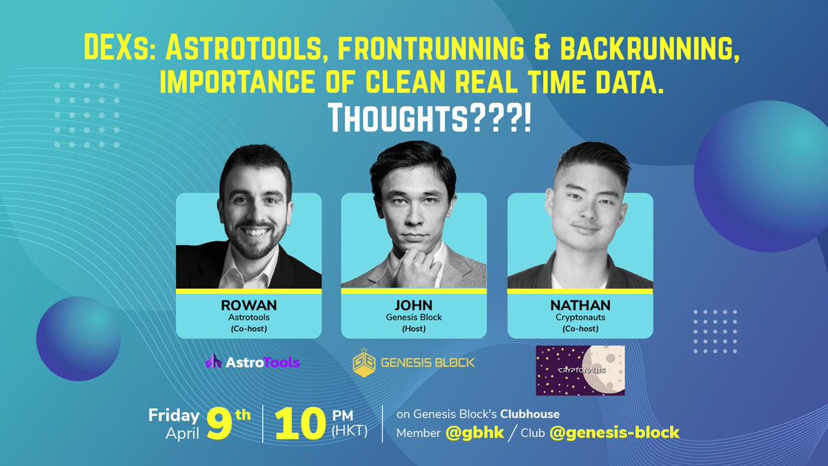 Chatting with <a href="/RowanRK6/">Rowan 🛡️</a> of <a href="/Astro_Tools/">AstroTools.io</a> and John Keh from @genesisblockhk this Friday at 7am PST. It’s early for LA, but if you want to learn from the best, you gotta get after it. Hope to see you there!

#Clubhouse #Crypto #fridaymorning