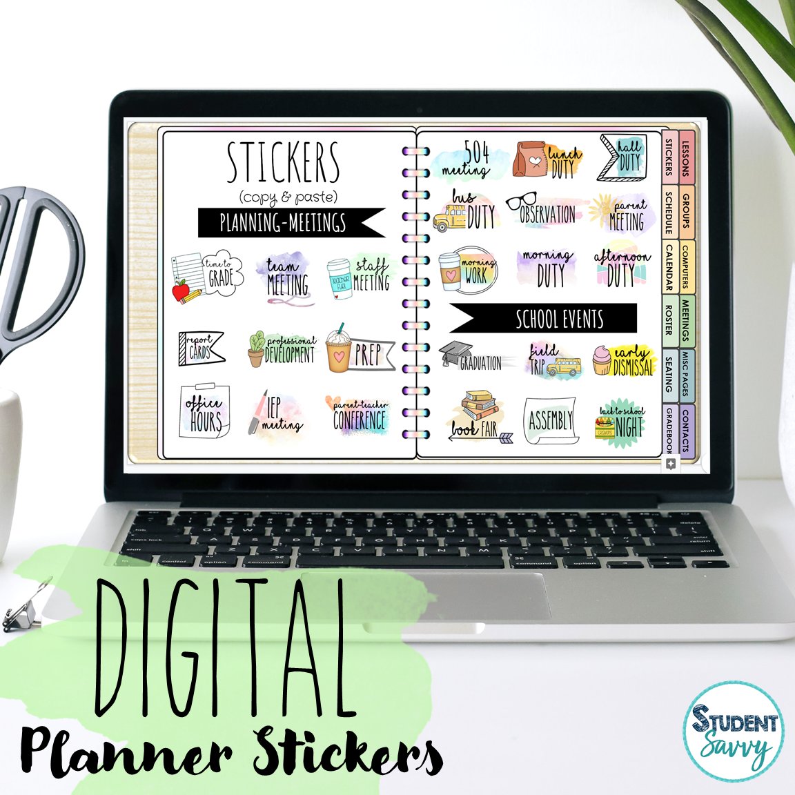 studentsavvysuz's tweet photo. Decorate your teacher planner with digital stickers! 😍🌸✨📔🖋️ 100+ to enjoy! Topics include: planning/meetings, school events, school subjects, personal/planning, holidays/seasons, reminder tabs, and sticky notes. Find them here > https://t.co/lxlKDrQ8FI https://t.co/M3zz8Ws7NO