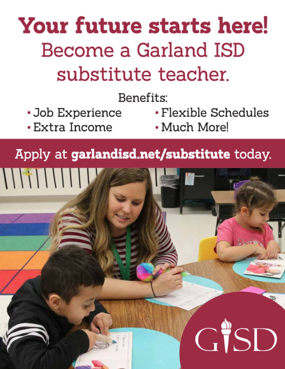 Your future starts here! ✨
✅Job Experience
✅Extra Income
✅Flexible Schedule
Become a Garland ISD substitute teacher: garlandisd.net/substitute 🍎