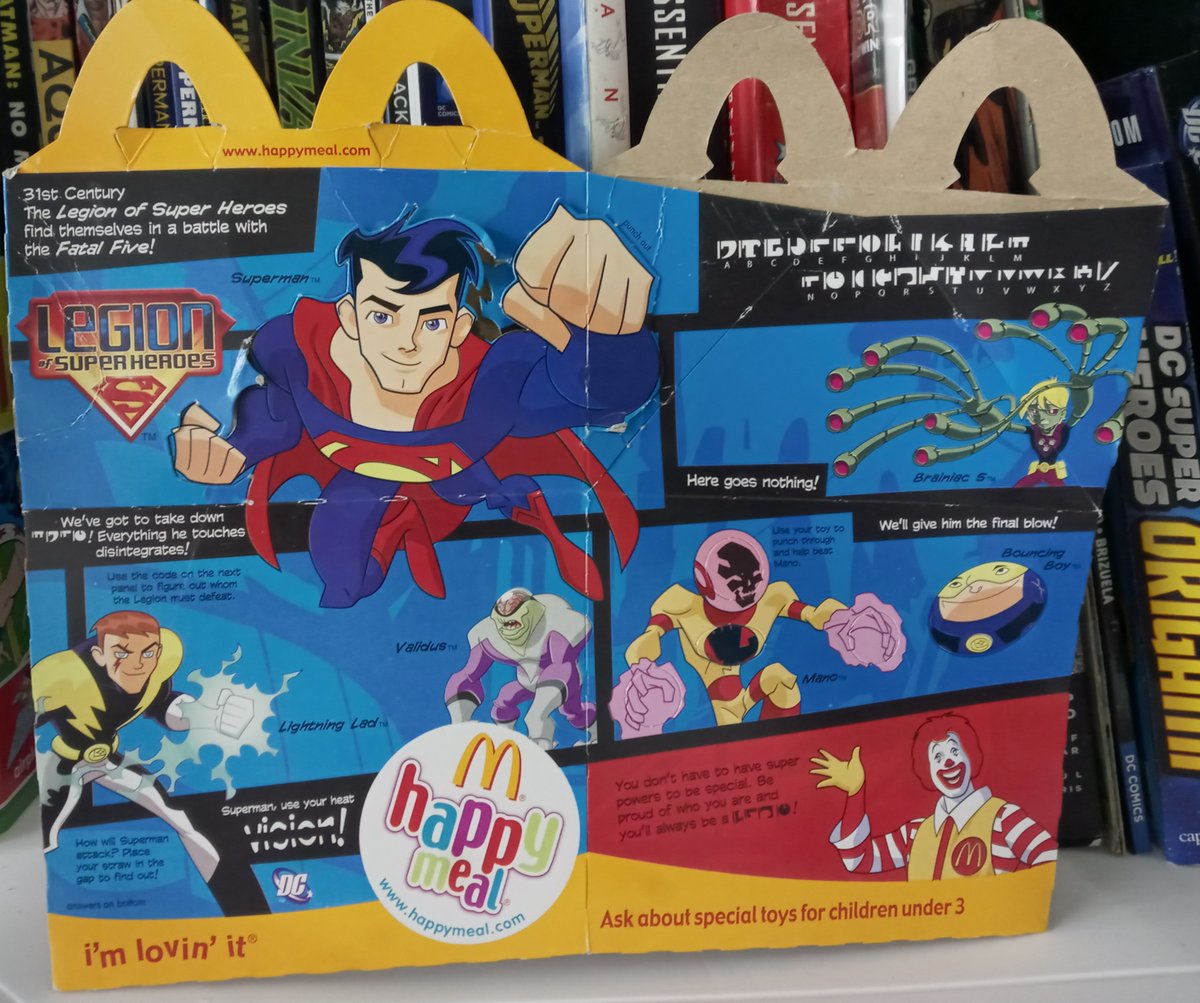 MEarthprime's tweet photo. Going through #StorageShed again I ran across the #LegionOfSuperHeroes @McDonalds #HappyMeal box. Who knew #RonaldMcDonald new #Interlac
#Superboy #Brainiac5 #LightningLad #BouncingBoy #Mano #Validus https://t.co/SQ6NyvciId