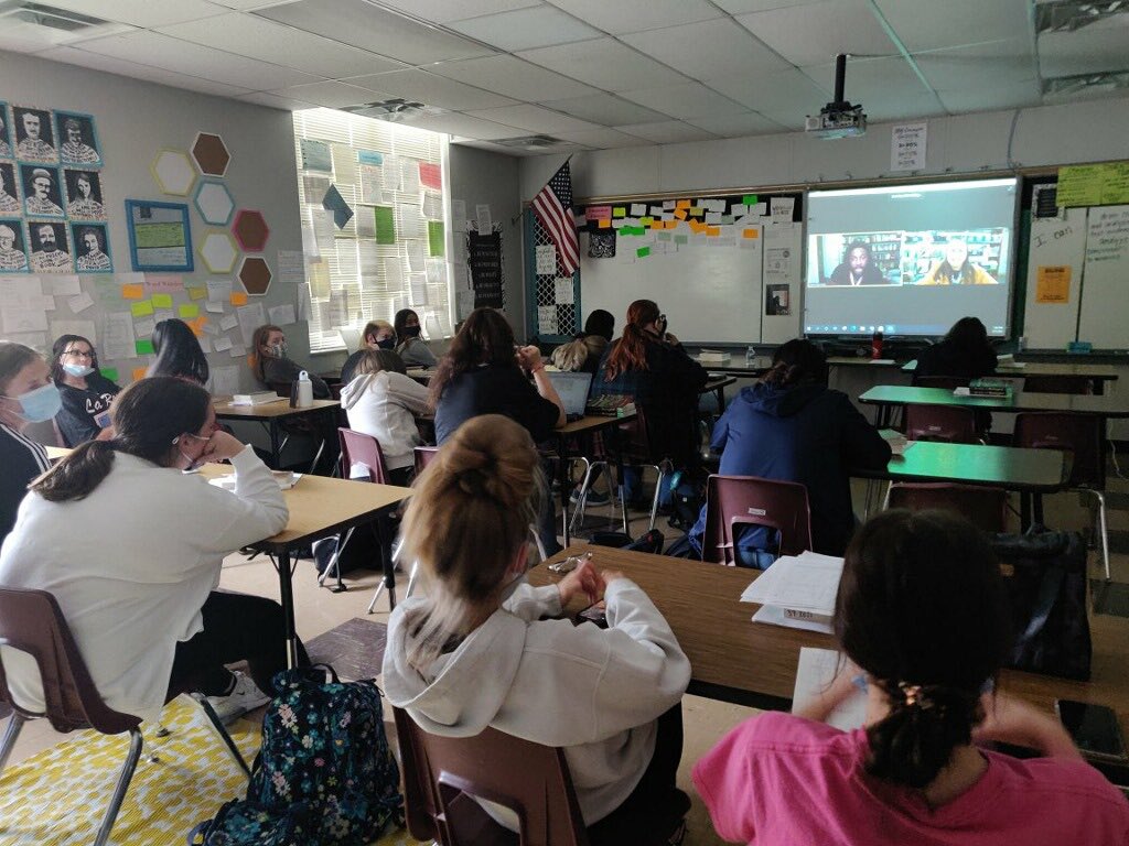 NHS_Lib's tweet photo. Awesome day!! JSC, NJH, and NHS were 1 of 8 schools chosen nationally to have a virtual author visit with THE Jason Reynolds!!! #bestdayever #nhswildcatlibrary 📚 @JasonReynolds83 https://t.co/TbpKn9tes1