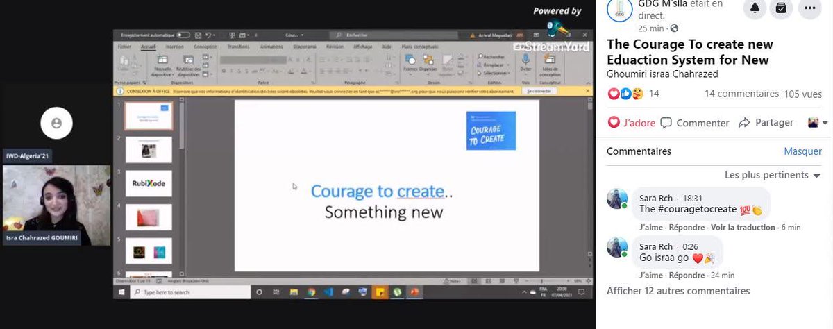 The first day was a success💯 
Rich sessions, inspiring speakers and a lot of #CourageToCreate ✌

If you've missed it, we still have two days full of surprises, JOIN US tomorrow at 18:00 pm!! 💥

#IWD21ALGERIA
