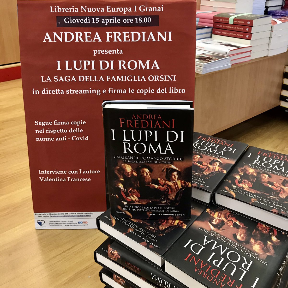 Oggi, giovedì 15 aprile alle 18.00 si parla di Medioevo, di Roma e degli Orsini. Con Andrea Frediani, autore del romanzo storico “I Lupi di Roma” Newton Compton editori, in diretta facebook dalla libreria, segue firma copie in sicurezza. Dialoga con l’autore <a href="/ValentinaF00/">Valentina Francese</a>