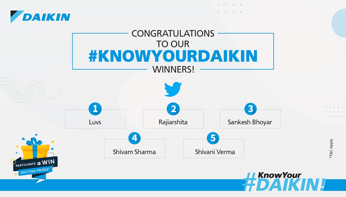 DaikinIndia's tweet photo. Congratulations! You won the #KnowYourDaikin contest! Please send us a message with your full name, email ID and postal address. We look forward to hearing from you.
#DaikinIndia #DaikinAC #KnowYourDaikin #DaikinContest #Trivia #contestwinner https://t.co/WfwGFyG130
