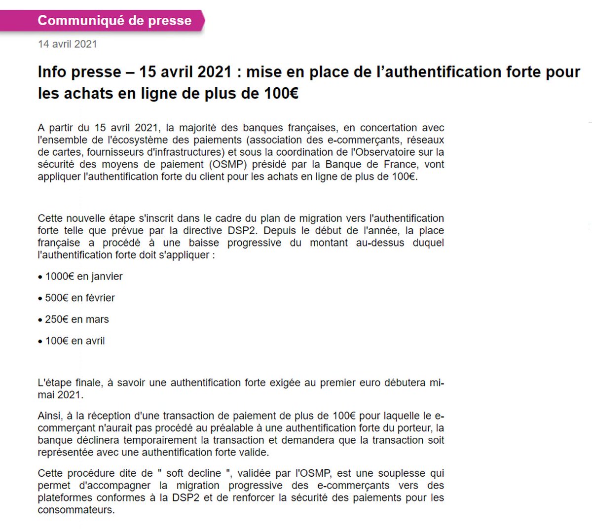 FBFFrance's tweet photo. Info presse – 15 avril 2021 : mise en place de l’#AuthentificationForte pour les achats en ligne de plus de 100€ 👉https://t.co/Sg5jQRQKQ0 https://t.co/KRBOcIahXX