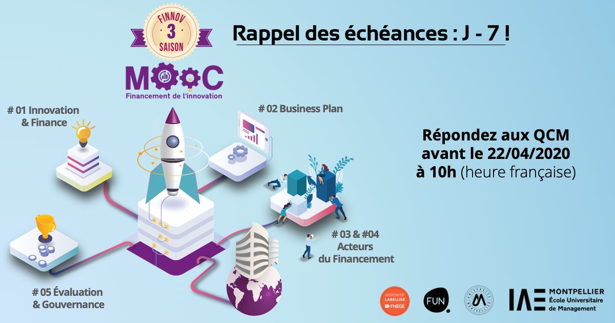 🔜 Dernière ligne droite pour répondre aux QCM du #MoocFinnov 🔣Vous avez jusqu’au 22 avril à 8h UTC❗
Ce fut un plaisir de partager cette expérience avec vous ☺️ Nous espérons que ce cours vous a plu! Pensez à compléter l’enquête sur <a href="/FunMooc/">France Université Numérique</a> pour partager avec nous vos retours!