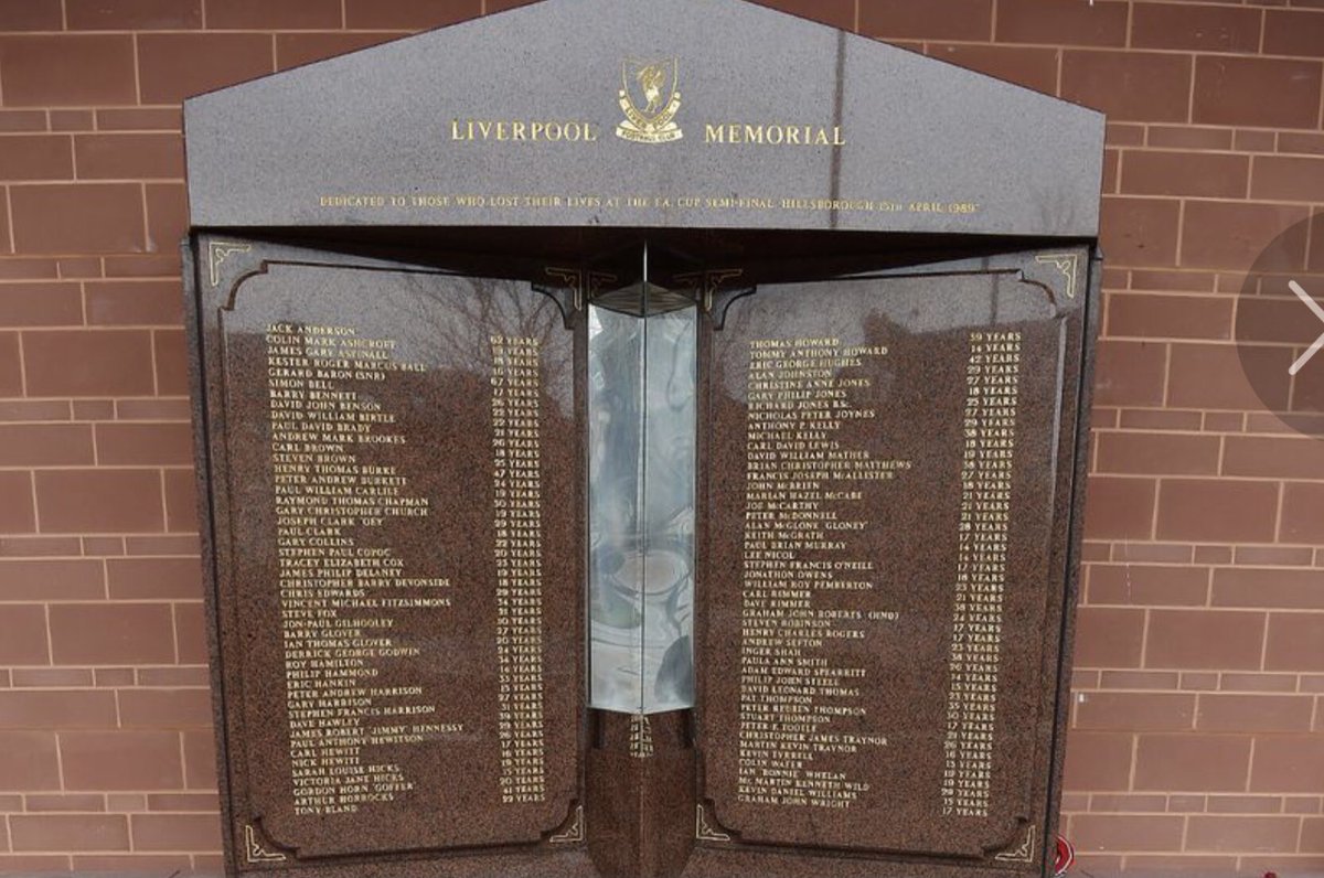 I stood at Anfield once and read all the #Hillsborough names. It’s the details that get you. The repeated family names, the one Mr, one Snr, the nicknames. The fine BSc, the proud HND. And then you read down the columns of their ages. Written in gold. #YNWA