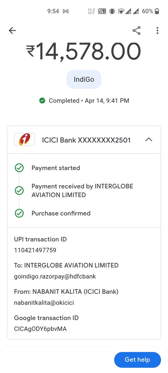 nabanitk's tweet photo. @IndiGo6E need your help as while trying to book a ticket via your website, the money got deducted but the tickets did not get booked. The mode of payment was UPI (Google Pay). Sharing the screenshot of the payment confirmation screen as well for your reference. https://t.co/jLsl67cl7x