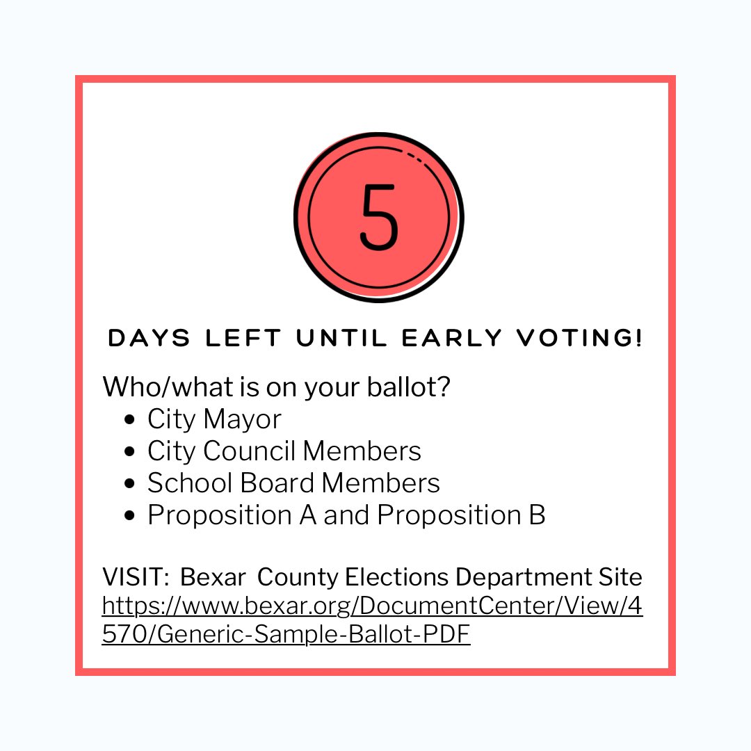 Countdown To Early Voting:

5 Days left until Early Voting begins!

Reminder that the following positions will be on the ballot:
Mayor
City Council District Seats
School Board Member Seats for select districts
Proposition A &amp; Proposition B