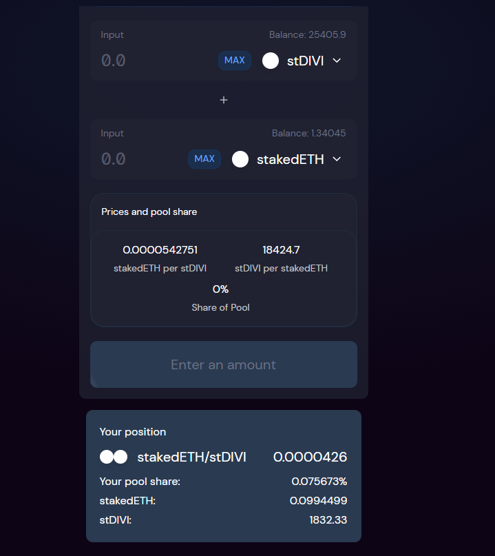 NaborsDerrick's tweet photo. Took a minute but got that Liquidity going! Excited to see all the updates to @DiviProject . Can't wait to see the coins progression over the years! 

@DiviProject, @stakedTokens, #stDIVI, #LiquidStaking https://t.co/R0TQBIZkiA