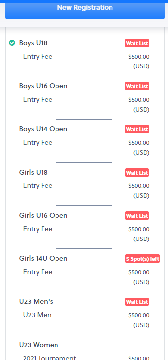 Sold out except u14Girls. Waitlists available for most divisions. We can get you in if someone backs out or we are allowed to expand the tourney. 96 teams made it!