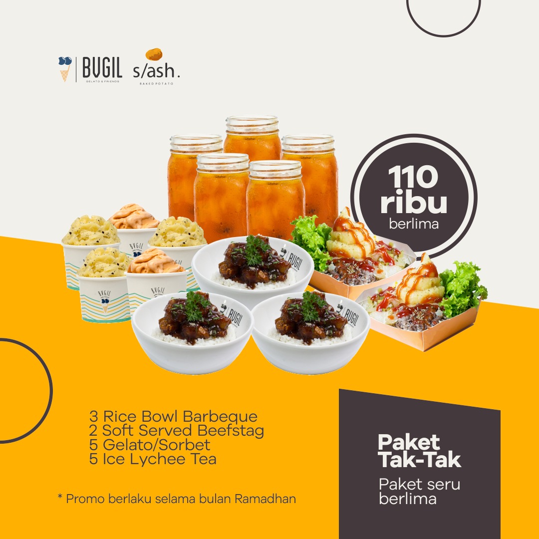 PROMO RAME2 BULAN RAMADHAN @bvgilgelato X @slashbaked
50rb berdua, 110rb berlima semua dpt makan minum dessert!!
Berlaku dine in dan online 
*takeaway ada tambahan biaya kemasan