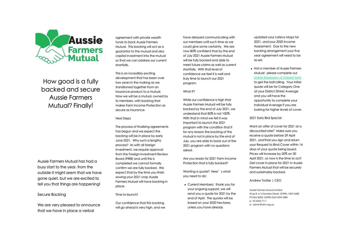 Tlb201's tweet image. The time is NOW!!!

Back in January 2019 the feeble Multi-Peril Crop Income Protection insurers abandoned Australia without a backward glance...  In the wake of that exit, a core group of Aussie farmers formed a Mutual ....
afm.org.au