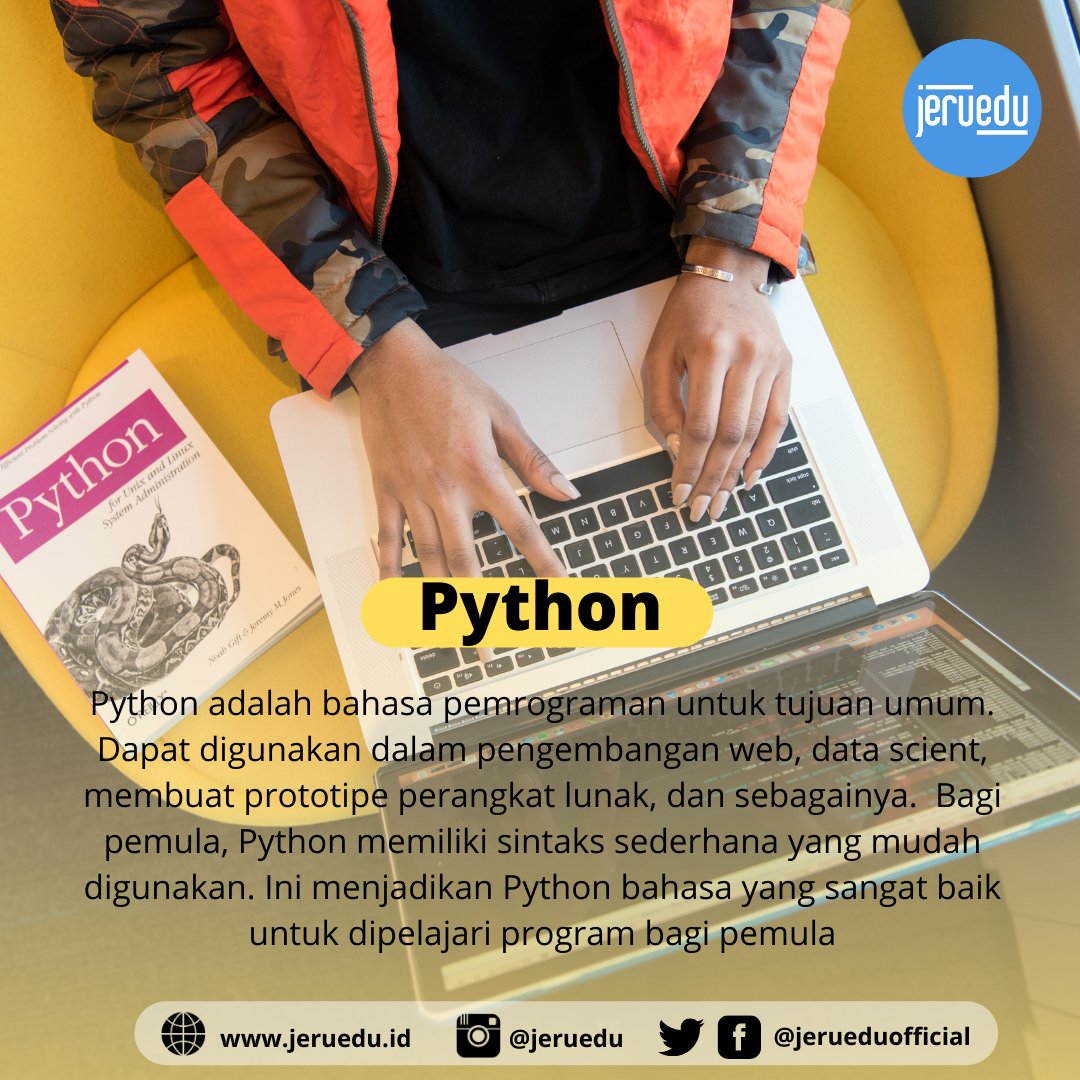 Jerueduofficial's tweet photo. Hai Sobat Jeruedu!
Mari kita kenalan terlebih dahulu yuk tentang "Python". Python di sini bukan hewan atau binatang ya. Daripada kalian bertanya-tanya dan tidak mendapat jawaban. Silahkan disimak info berikut ini ya. Selamat menyimak 

#python #bahasapemograman Sicepat https://t.co/KojhkM6oEF
