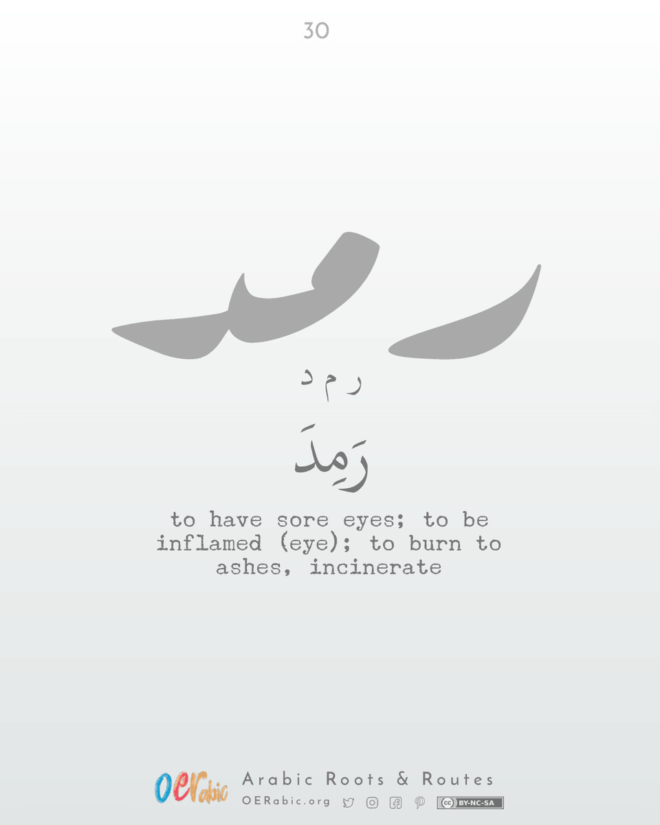 OERabic's tweet photo. Root #30
رمد رَمِد to have sore eyes; to be inflamed (eye); to burn to ashes, incinerate
7 Arabic Roots to learn: Colours (الألوان)
EVERYDAY LANGUAGE
#ArabicVocabulary #ArabicRootWords https://t.co/NewjdLjHJC