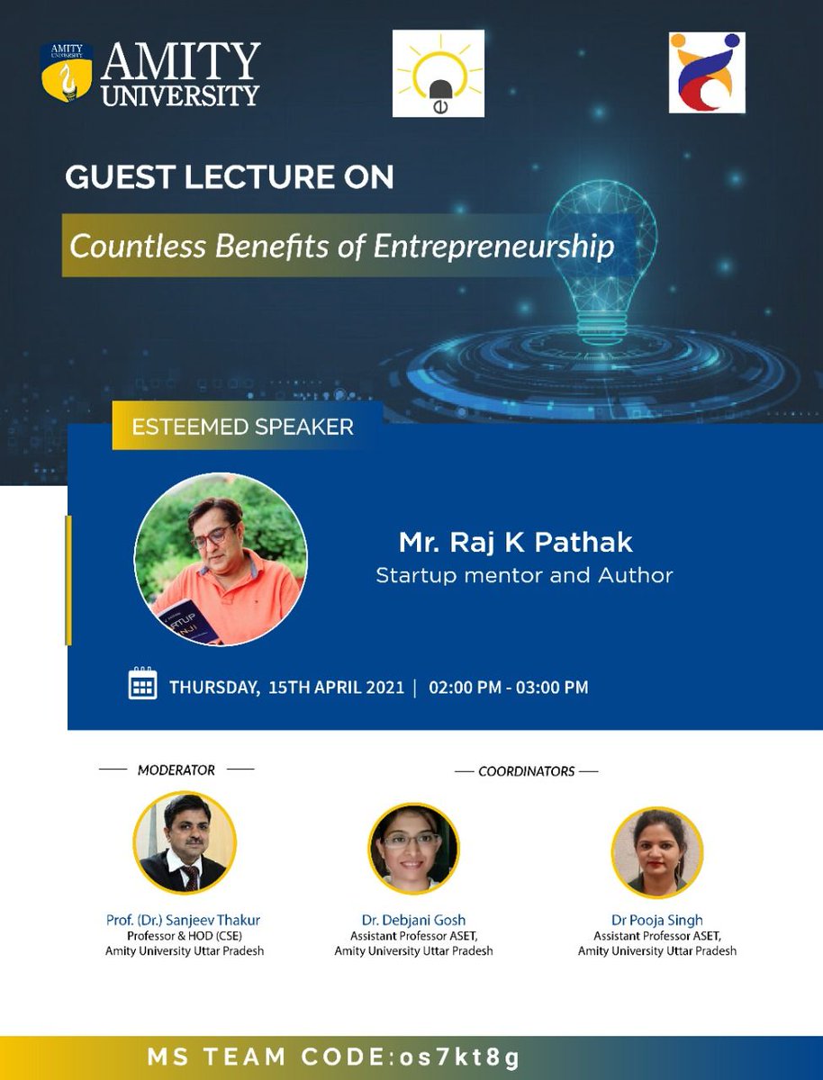 RajKpathak1's tweet photo. .@debjanigautam for the invite to address your enterprising students. @Startups_Forum @AmityUni #Amity #startupkunji #WeSSA @Arunkyadav5 @poojaprasad https://t.co/Ev2dlopvLH