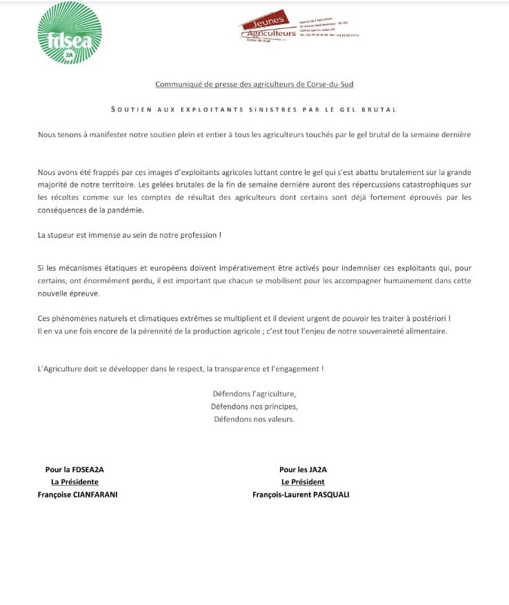 Communiqué de presse des agriculteurs de Corse-du-Sud
 
Soutien aux exploitants sinistrés par le gel brutal
Nous tenons à manifester notre soutien plein et entier à tous les agriculteurs touchés par le gel brutal de la semaine dernière
<a href="/JA_Corse/">Ghjovani Agricultori di Corsica</a> <a href="/2aFdsea/">FDSEA 2A</a> ⬇️⬇️