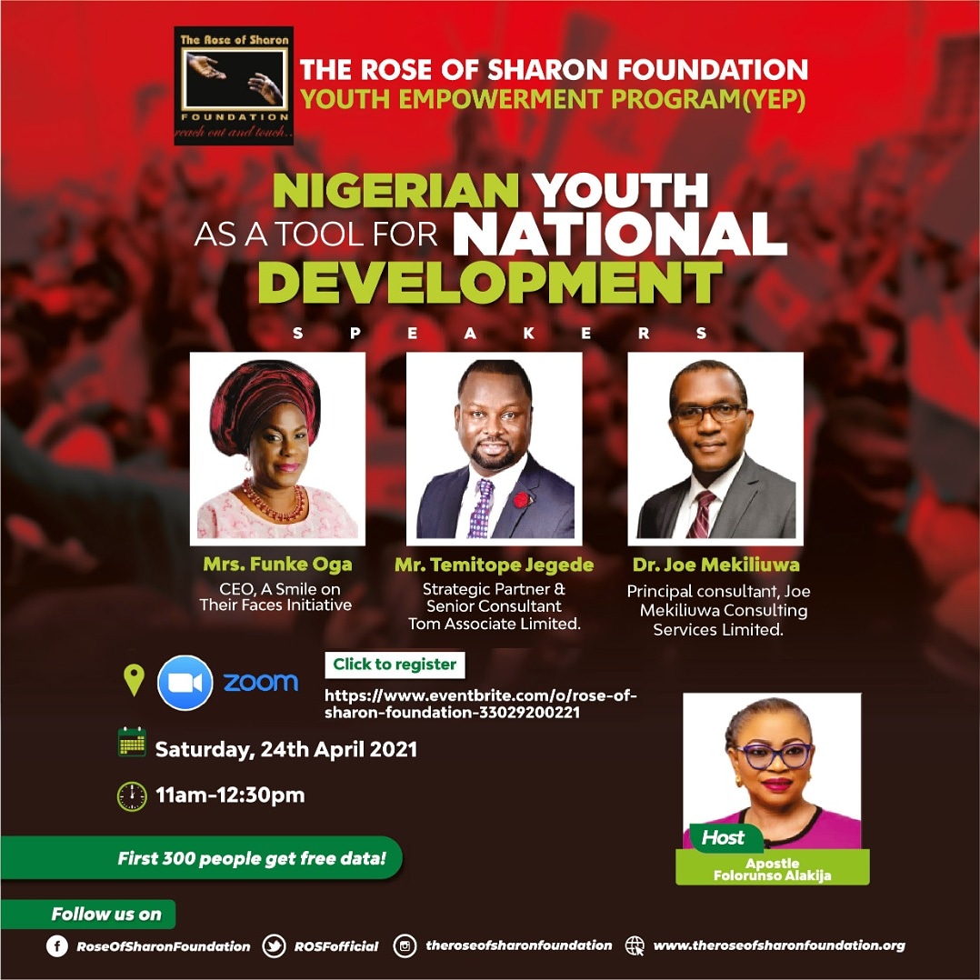 ROSFofficial's tweet photo. The Rose Of Sharon Foundation Presents its 7th Youth Empowerment Program.
First 300 people to register gets free data.
The link for the zoom meeting will be communicated by next week.

#rosf #youthempowermentprogram #Nigerianyouth https://t.co/urDBQEEl6o