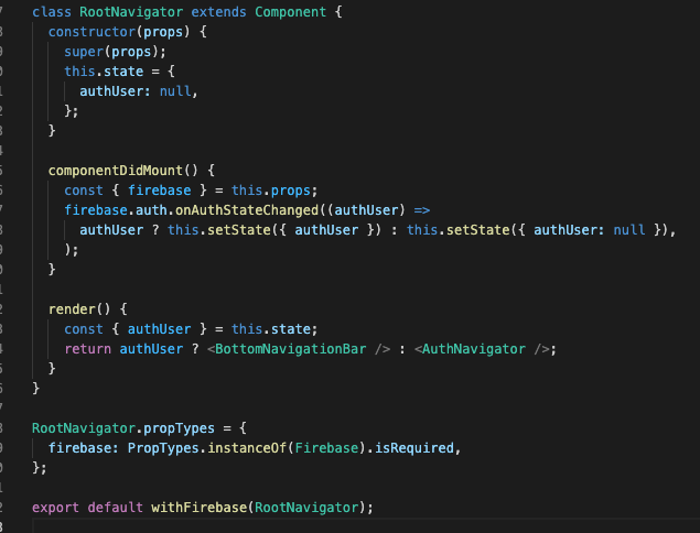 maxwell_ahn's tweet photo. using react navigation:  https://t.co/bMc6LGHK7Y
was pretty quick and simple to implement primarily due to setting up firebase as a Higher Order Component. Really liked this tutorial which parts are still applicable for react native https://t.co/hkHsPKmzSx https://t.co/s15JQUbmuG