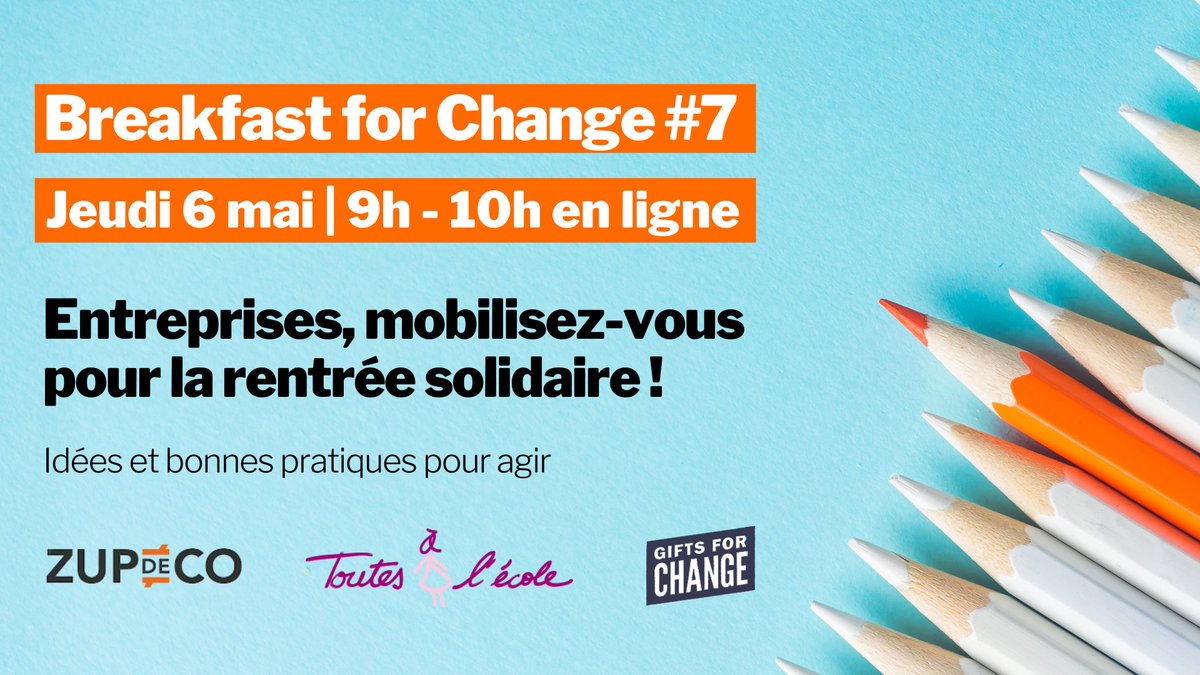 Gifts for Change (@_giftsforchange) on Twitter photo #Invitation : Entreprises et distributeurs, mobilisez-vous pour la rentrée solidaire !
Pour ce #BreakfastForChange, nous donnerons la parole à <a href="/TinaKiefferTae/">Tina Kieffer</a>, Fondatrice de <a href="/toutesalecole/">Toutes à l'école</a> et François-Afif Benthanane, Fondateur de <a href="/ZUPdeCO/">ZUPdeCO</a>.
Inscription : lnkd.in/ddFuCVc #Invitation : Entreprises et distributeurs, mobilisez-vous pour la rentrée solidaire !
Pour ce #BreakfastForChange, nous donnerons la parole à <a href="/TinaKiefferTae/">Tina Kieffer</a>, Fondatrice de <a href="/toutesalecole/">Toutes à l'école</a> et François-Afif Benthanane, Fondateur de <a href="/ZUPdeCO/">ZUPdeCO</a>.
Inscription : lnkd.in/ddFuCVc
