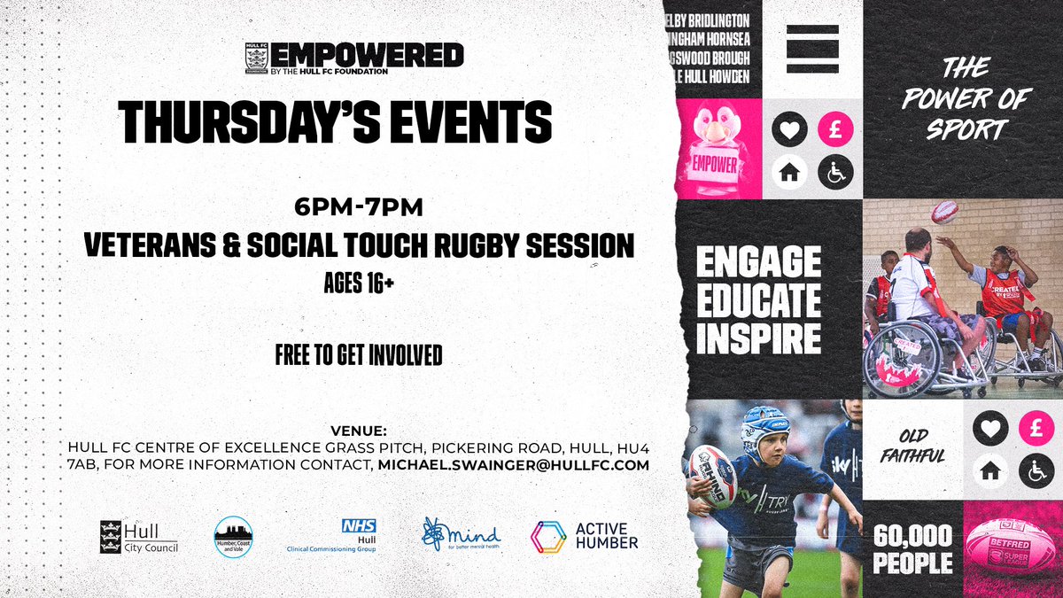 FCComFoundation's tweet photo. ⚫️⚪️#Empower #THURSDAY⚪️⚫️

• @hullveterans Session - 18:00-19:00 🏉

• #JustPlay @PlayTouchRL Session - 18:00-19:00 🏉

• @hullfcgirls Session - 19:00-20:00 🏉

Full details in the graphics below 👇
@NHSHullCCG @MindHEY @HCVPartnership 🤝 https://t.co/KwT0pXd5SU