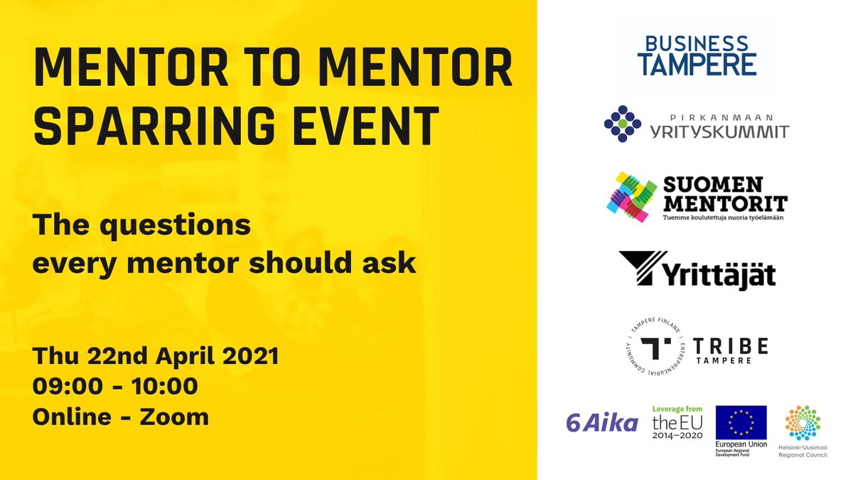 Are you a mentor? Join us next week for our sparring event!

We are organizing online sessions of low-threshold mentor meetings together with <a href="/BusinessTampere/">Business Tampere</a> with the support of #PirkanmaanYrityskummit, @suomenmentorit and #PirkanmaanYrittäjät. 

tribetampere.com/events/mentor-…