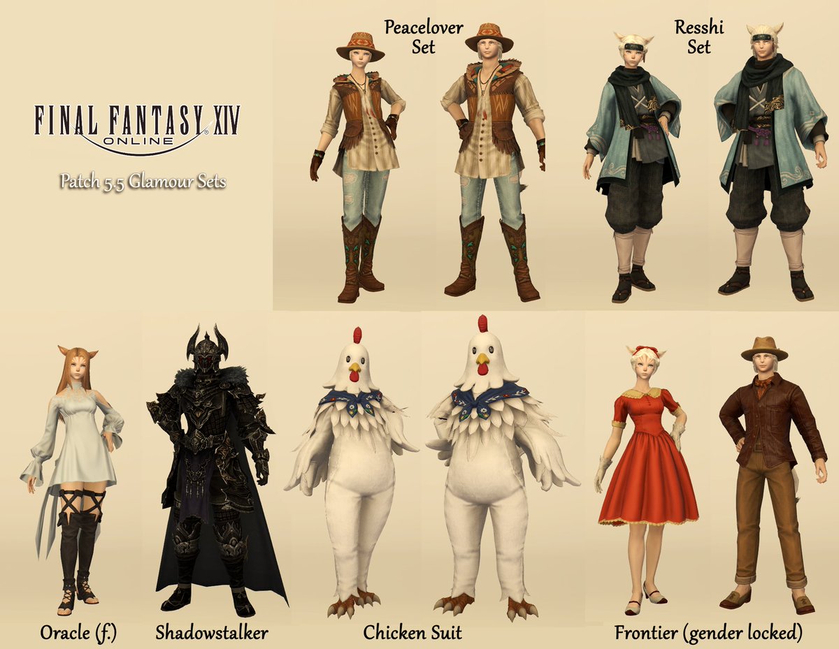 Yoru 5 5 Playing Room Ff14 Compilation Ffxiv Glamour New 1 Level Glamour Sets From 5 5 Update Peacelover 30 Fete Tokens Firmament Resshi Unknown Likely Shop Oracle Shop Shadowstalker Pvp Feast