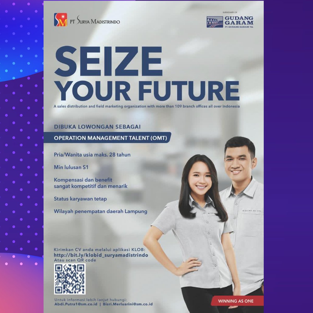 [INTERNSHIP PROGRAM]

Halo Sobat BIMA 🤩👏
PT Surya Madistrindo (SM) membuka lowongan pekerjaan untuk kamu ni!😉

PT SM adalah perusahaan yang 100% dimiliki oleh PT Gudang Garam Tbk 

 ❗❗bagi kalian yang ingin melamar, silahkan kunjungi:
bit.ly/klobid_suryama…

Good Luck!