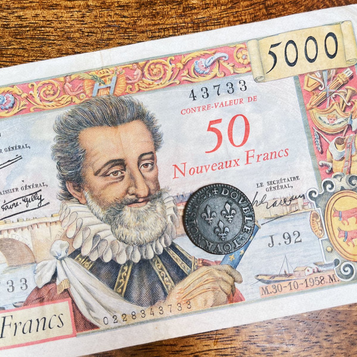 thenumismate's tweet photo. Le Grand Henri IV. Double Tournois 1605. 5000 Francs/50 NF 1958. @MonnaieDeParis https://t.co/vkQkIl4N9L