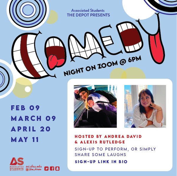 Are you a joker, smoker, midnight toker? 😎 Join us for Comedy Night on Tuesday, April 20th at 6PM for an evening full of HIGH energy, jokes and laughs! 

Hosts: <a href="/Rideslikealexus/">Alexis Rutledge</a> @AndreaFlexine 
———
#ComedyNight #SFSU #SF #SFState #SeeWhatWeDidThere? #ComeThru #GoGators