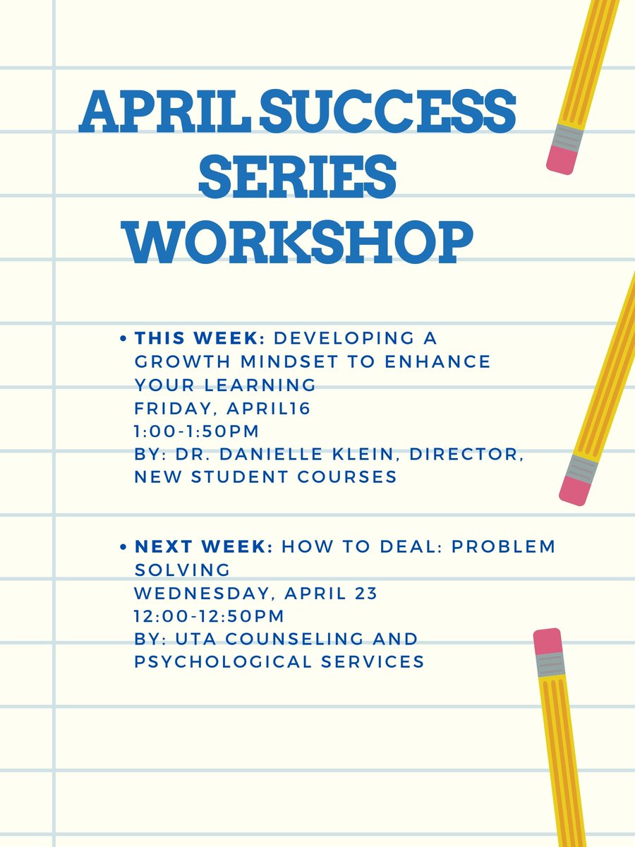 IDEASCenterUTA's tweet image. Hello Mavs! Please join us for the last two  workshops for the April Success Series. 

Dial-In Information for this week: events.uta.edu/event/developi…

Dial-In Information for next week:
events.uta.edu/event/how_to_d…