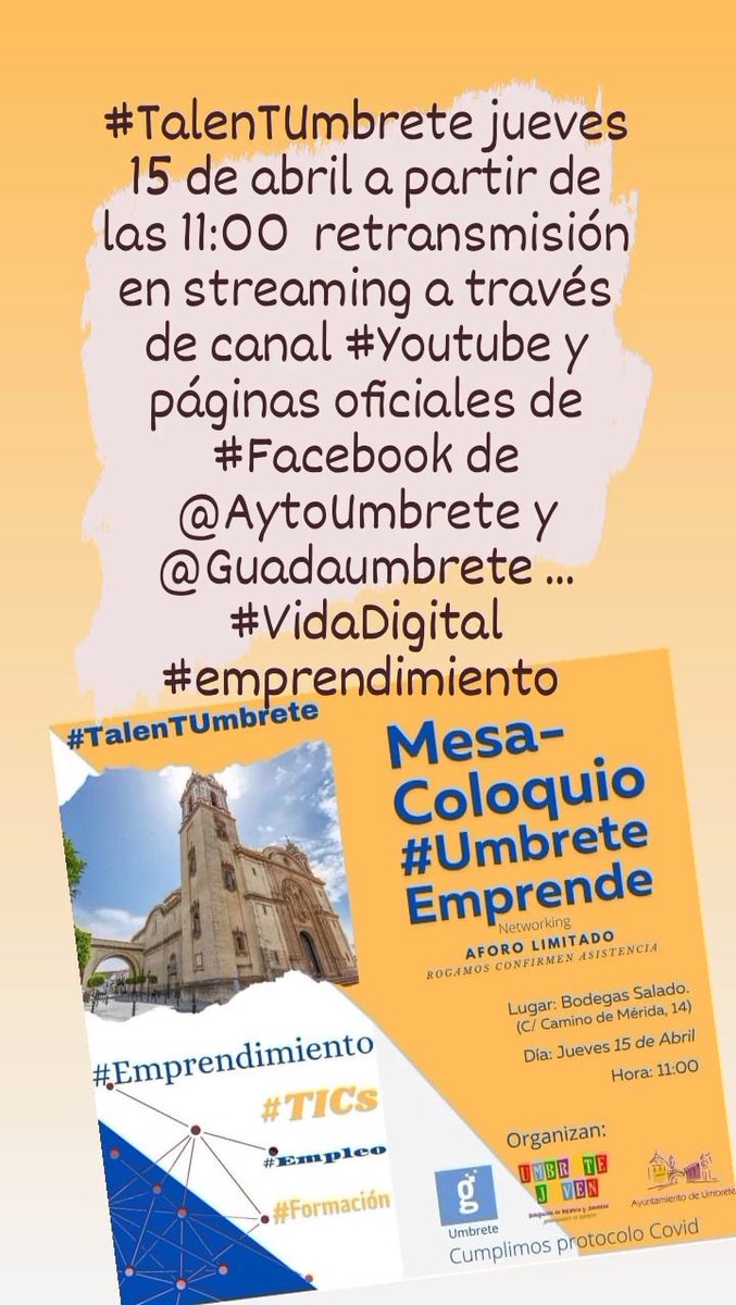 📢Hoy a las 11:00 Mesa-Coloquio #UmbreteEmprende dentro del proyecto #TalenTUmbrete, te esperamos en directo por #Facebook y #YouTube ¿Por qué no, emprender ahora?🔝 #GuadalinfoSevilla #CompetenciasEmprendimiento #VidaDigital <a href="/RedGuadalinfo/">Vuela Guadalinfo</a> <a href="/fegarc/">Fernando G.Cumbreras</a> <a href="/AytoUmbrete/">Ayto. Umbrete</a> <a href="/pablodeolavide/">Pablo de Olavide</a> 🚀