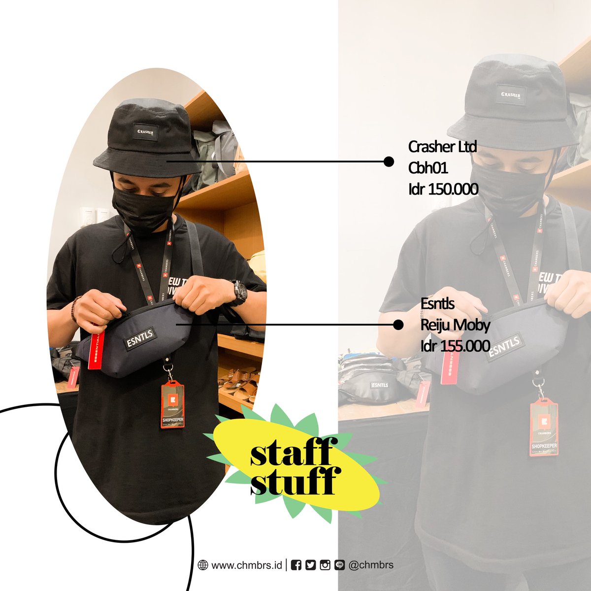chmbrs's tweet photo. Ke #Chambersstore masih bingung mau beli outfit yang mana?
Kamu bisa coba nih perpaduan antara bucket hat #crasher_ltd dan waist bag dari #esntls. Tetap stylish sekaligus simple.
Mau lebih lengkapnya? Yuk ke store 😉
#Chambers #Chambersshop #Staffstuff #Localoutfit https://t.co/Xp6xN8M1u5