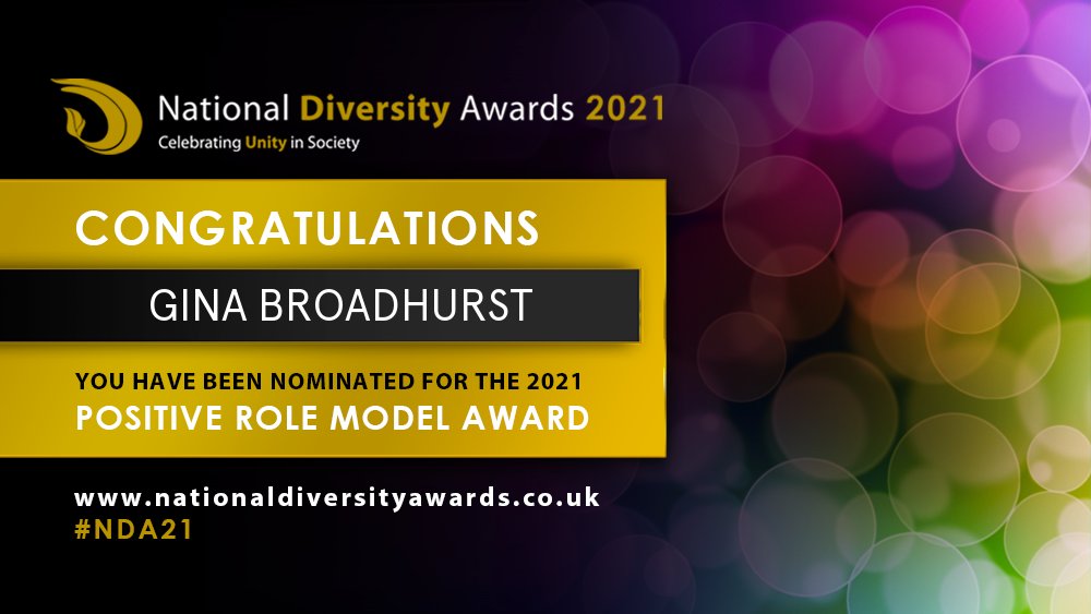 Congratulations to Gina Broadhurst @forgottenltd who has been nominated for the Positive Role Model (Gender) Award at The National Diversity Awards 2021. To vote please visit nationaldiversityawards.co.uk/nominate #NDA21 #Nominate #VotingNowOpen