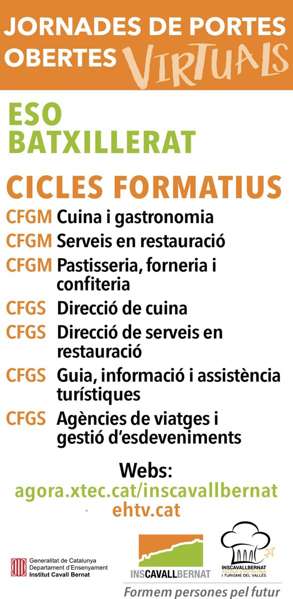 JA TENIM AQUÍ LES PORTES OBERTES VIRTUALS!!!!!!!!
Aquest any hem preparat unes portes obertes virtuals que us permetran rebre la informació necessària i poder-nos preguntar tots els vostres dubtes. 
👉ehtv.cat