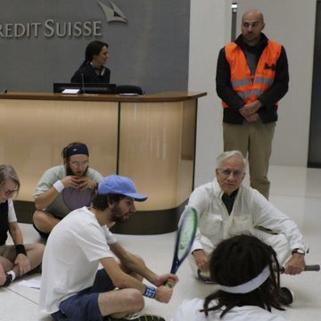 Solidarity with my friend the lovely <a href="/ODemarcellus/">Olivier de Marcellus</a> (right on the photo during an action against fossil bank <a href="/CreditSuisse/">Credit Suisse</a> ) who is facing trial today in Geneva for his climate activism. There is support demonstration this afternoon. Good luck Olivier! Real justice is on your side