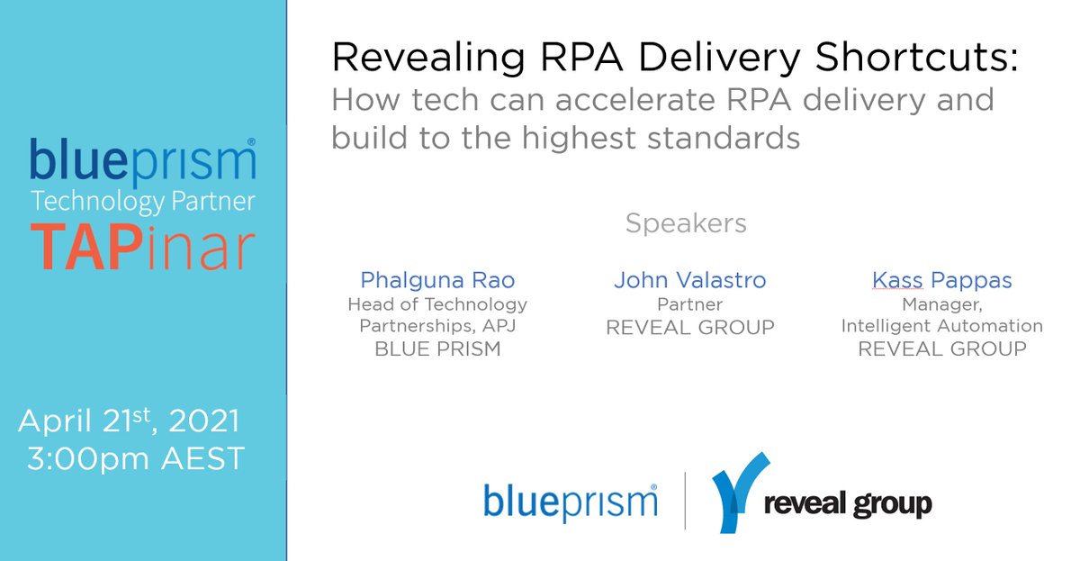 GroupReveal's tweet image. We&apos;re lifting the lid on what makes our #RPA implementations so successful and how all Blue Prism users can do the same. Join us for Blue Prism&apos;s April TAPinar to see how #RoboSuite empowers automation teams. 

REGISTER NOW: hubs.li/H0Ldz9V0