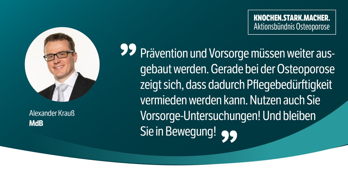 osteo2020's tweet photo. Vorsorge ausbauen und Eigenverantwortung stärken. Zwei Punkte, die bei der Vorbeugung  der #Osteoporose wichtig sind, weiß Bundestagsabgeordneter Alexander Krauß, CDU. Auch er unterstützt das #Aktionsbüdnis Osteoporose. Danke dafür!
@Bundestag @cducsubt @BMG_Bund https://t.co/b3UnSMrFFq