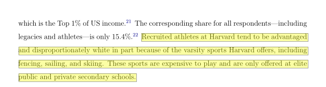 FWIW, skewing rich & white isn't necessarily intrinsic to having recruited athletics! (though that is a whole separate conversation). It appears to be partly because of the varsity sports Harvard offers: often expensive, often elite, including fencing, sailing, and skiing.