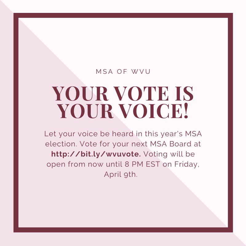 MSA Elections have begun! Cast your vote at bit.ly/wvuvote until 8PM on Friday! Thank you to all the amazing candidates for taking time to share their ideas for MSA! Make sure you vote! 🗳
